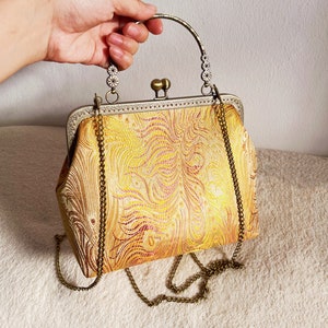 Yellow shoulder bag, gold evening bag, bag with handle, hand-sewn oriental image 4