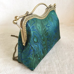 Green shoulder bag Green peacock feathers evening bag handmade in Chinese fabric image 7