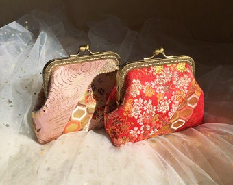 Japanese coin purse, object case, Hand sewn in silk fabric embroidered peony flower, mini silk bag, red, pink