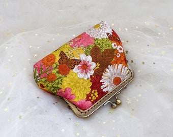 Orange coin purse, cotton object holder, hand-sewn in cotton fabric, Japanese wallet