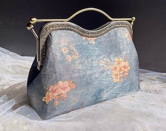 Blue crossbody bag, blue evening bag, wedding bag, blue shoulder bag, blue peacock pattern, woman bag, Japanese bag, silk bag, flower bag
