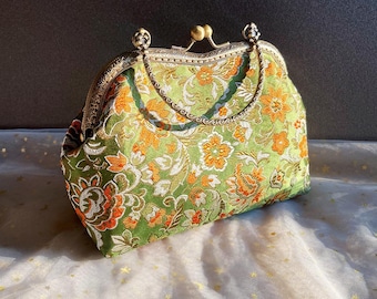 Green silk bag, wedding bag, green woman bag, cross body bag, Japanese bag, flower bag, click clack bag, green evening bag, small silk bag, elegant bag