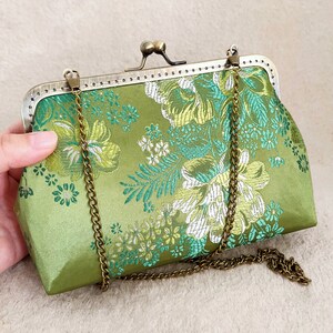 Green bag, green evening bag, wedding clutch, silk bag, peony flower image 3