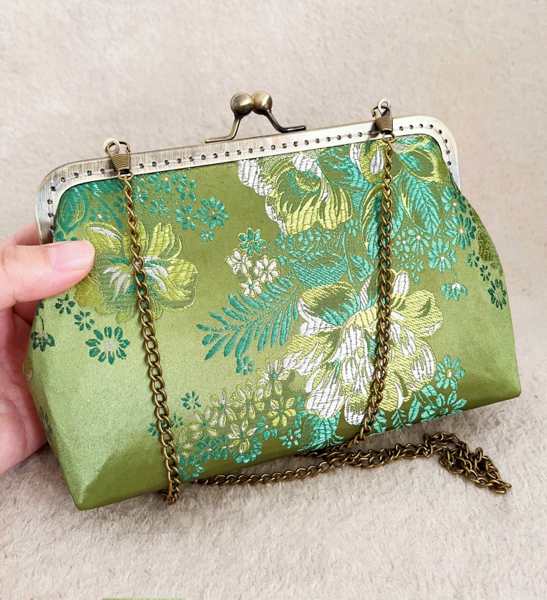 Green bag, green evening bag, wedding clutch, silk bag, peony flower image 3