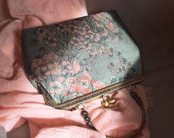 Clutch bag Shoulder bag green pink evening bag handmade, japanese flower