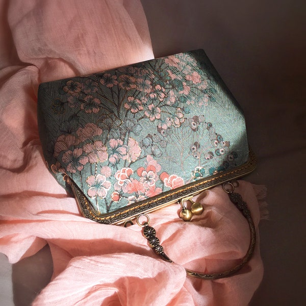 Clutch bag Shoulder bag green pink evening bag handmade ,japanese flower