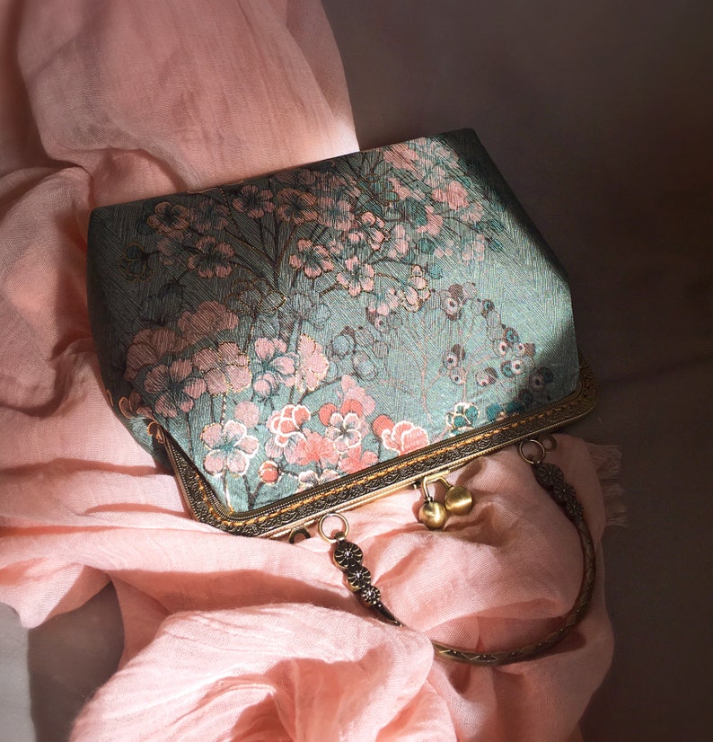 Clutch bag Shoulder bag green pink evening bag handmade, japanese flower image 1