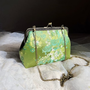 Green bag, green evening bag, wedding clutch, silk bag, peony flower