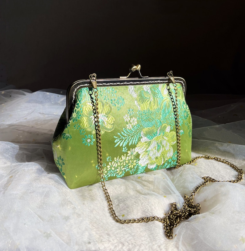 Green bag, green evening bag, wedding clutch, silk bag, peony flower image 1