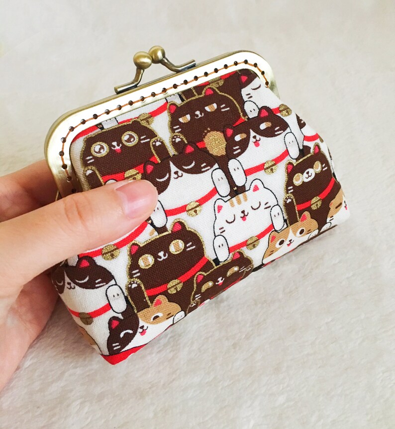 Cotton wallet, Japanese purse, Japanese wallet, lucky cat and panda print cotton fabric image 5