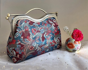 Red blue Handbag, Shoulder Bag, Evening Bag, Japanese Flower Print, flower bag, woman bag, wedding bag, colorful bag, silk bag.