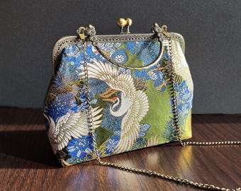 Green golden shoulder bag, blue evening bag, Japanese bag, silk feel bag, evening bag, river fantastic, wedding bag.clic clack bag.Green clutch