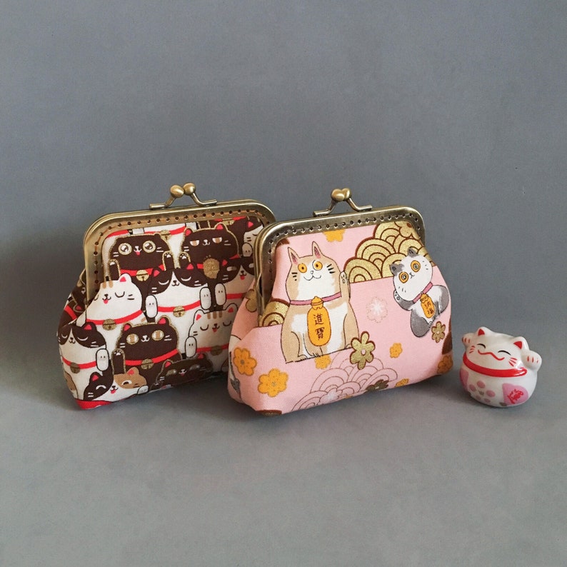 Cotton wallet, Japanese purse, Japanese wallet, lucky cat and panda print cotton fabric image 1
