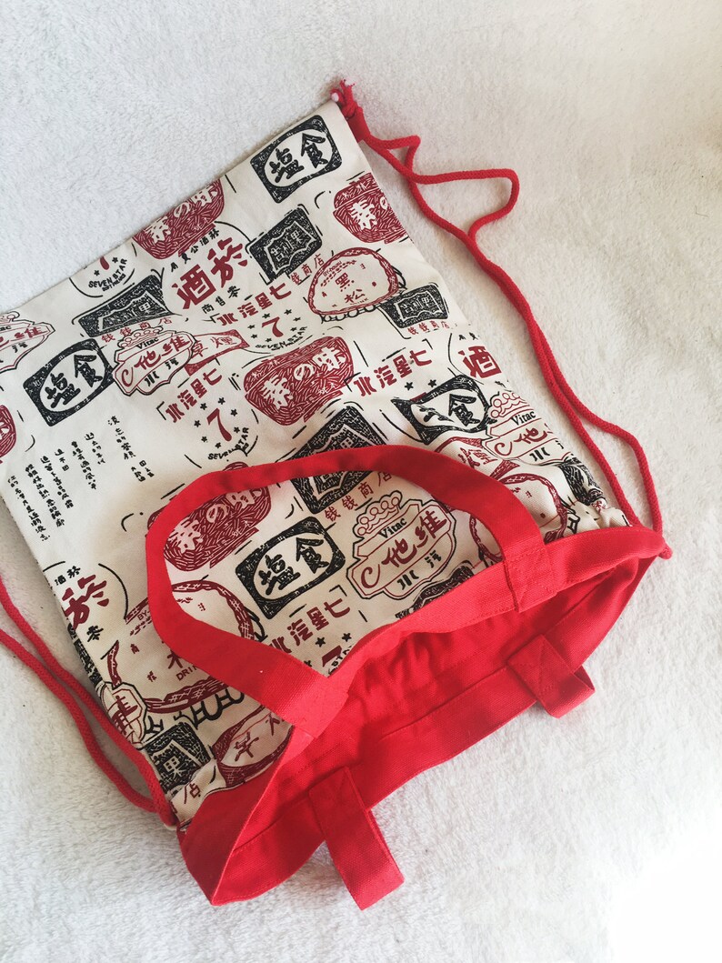 Red backpack,Japanese tote bag,shopping bag,Drawstring bag,Tote bag,cotton and canvas oriental pattern print closure with drawstring