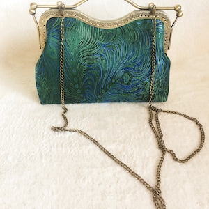 Green shoulder bag Green peacock feathers evening bag handmade in Chinese fabric image 2