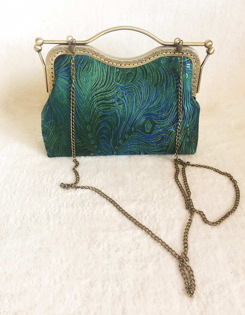 Green shoulder bag Green peacock feathers evening bag handmade in Chinese fabric image 2