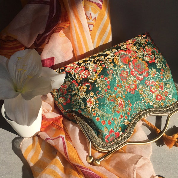 Green shoulder bag Handmade green evening bag with silk fabric embroidered fancy classic original Chinese peony flower