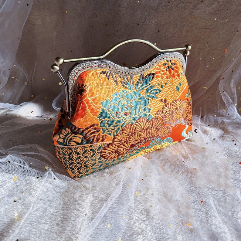 Shoulder bag, click clack bag, orange evening bag, hand sewn in silk fabric, peony flower image 1