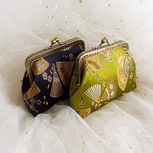 Japanese coin purse, silk coin purse, fan pattern, green purse, black, Japanese style image 1