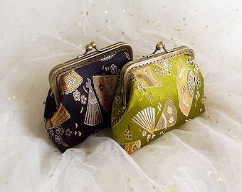 Japanese coin purse, silk coin purse, fan pattern, green purse, black, Japanese style