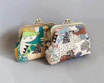 Dinosaur purse,Japanese wallet,Japanese purse,Hand sewn in dinosaur patterned cotton fabric