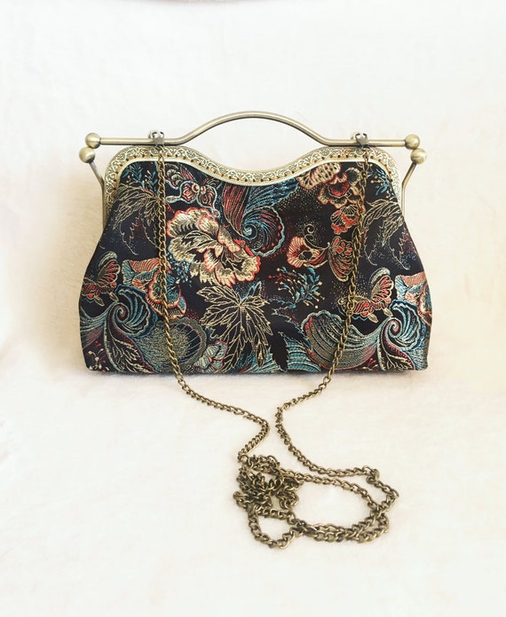 Silk Shoulder Bag, Black Evening Bag, Hand-stitched Silk