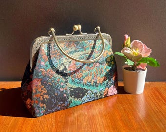 Handmade Floral Kiss Lock Frame Bag,Wedding Bag,Elegant Evening Bag,Impressionist Painting Style Clutch,Romantic Garden Flower Silk Handbag