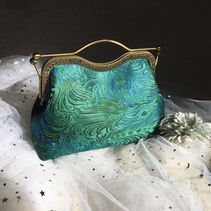 Green shoulder bag Green peacock feathers evening bag handmade in Chinese fabric image 1