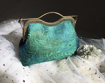 Green shoulder bag Green peacock feathers evening bag handmade in Chinese fabric