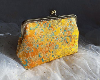 Golden clutch, Shoulder bag, women's bag, yellow bag, handmade bag, flower pattern, small bag, evening bag