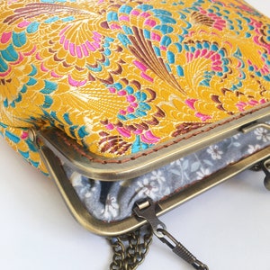 Yellow clutch, peacock feather pattern, yellow clutch, shoulder bag, handmade in Chinese embroidered silk fabric image 5