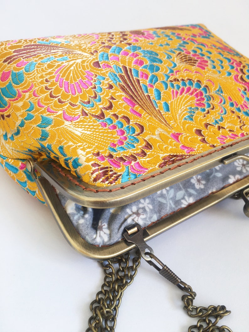 Yellow clutch, peacock feather pattern, yellow clutch, shoulder bag, handmade in Chinese embroidered silk fabric image 5