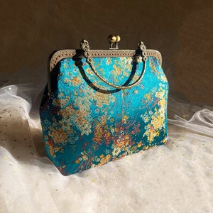 Sac bandoulière bleu, bleu doré, sac de soirée, sac avec anse, fleur orientale cousue main