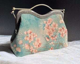 Green Silk Clutch-Japanese Silk Bag-Wedding Bag With Sakura Blossoms-Idea For Wedding-Evening Clutch-Elegant Purse For Gift.