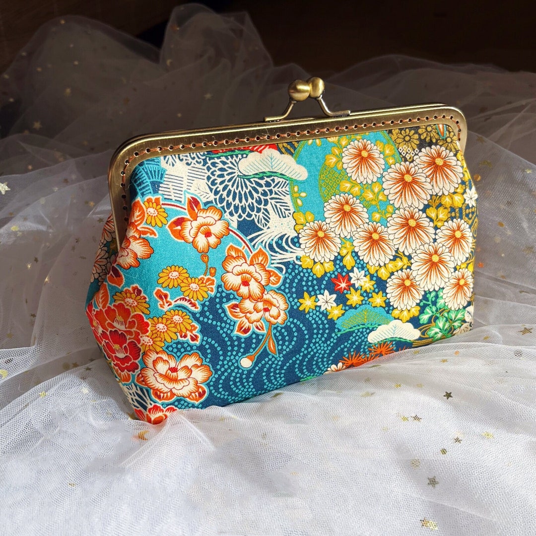 Japanese Green Sakura Floral Fabric Handmade Purse Clutches