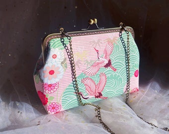 Japanese bag, Japanese small bag, Japanese Clutch, pink clutch, shoulder bag, Japanese crane fabric