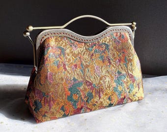 Bronze shoulder bag, Japanese bag, silk bag, evening bag, handmade with silk, vintage style bag, crane pattern. Bronze clutch, wedding bag