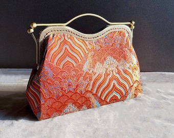 Bronze shoulder bag, women's silk bag, evening clutch, formal clutch, Japanese handbag, brown clutch, oriental style