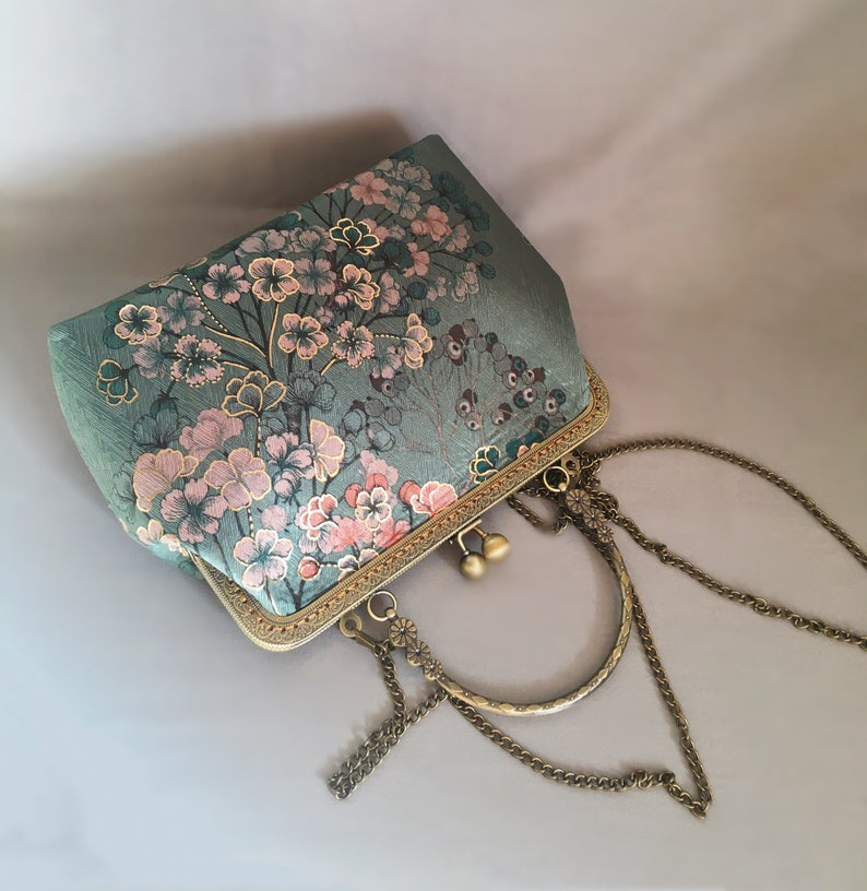 Clutch bag Shoulder bag green pink evening bag handmade, japanese flower image 8