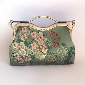 Bolso verde, bolso de hombro, bolso de noche, estampado de flores japonesas imagen 2