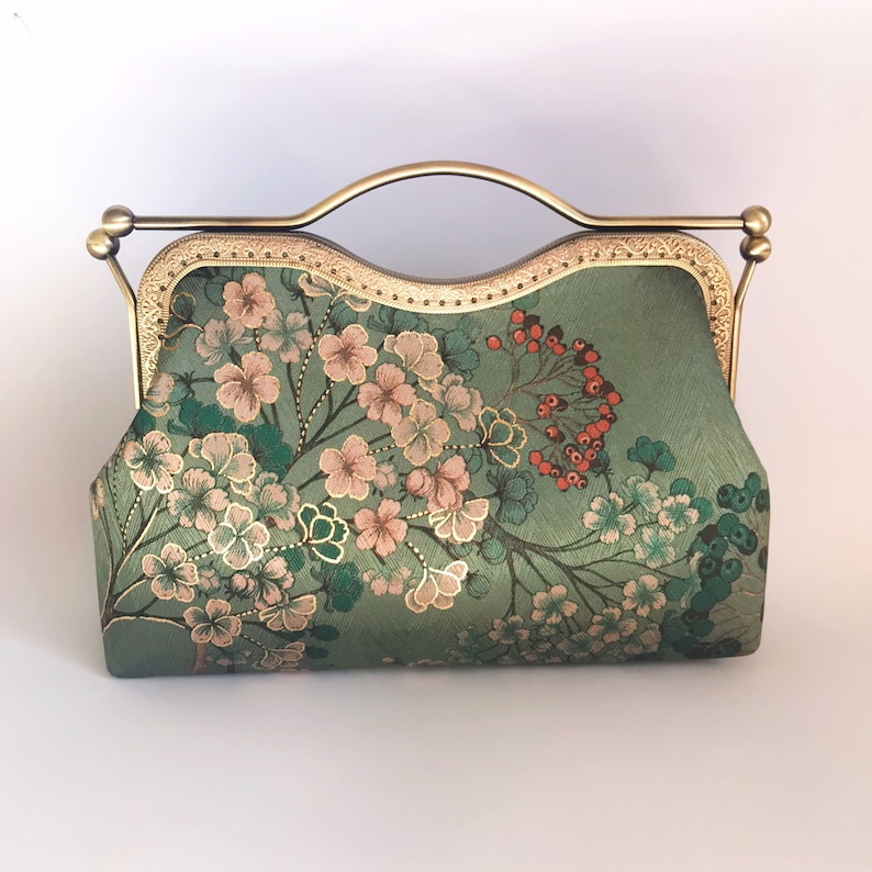 Green Handbag,Shoulder Bag,Evening Bag,Japanese Flower Print zdjęcie 2