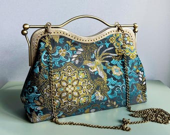 Golden Blue Phoenix,Chinese Brocade Silk Clutch. Elegant women bag for evening galas, retro weddings, and the perfect handcrafted luxury gif