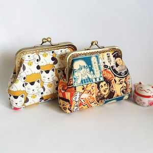 Cartera japonesa, Monedero amarillo, Cosido a mano en tela de algodón con estampado de dibujos animados japoneses