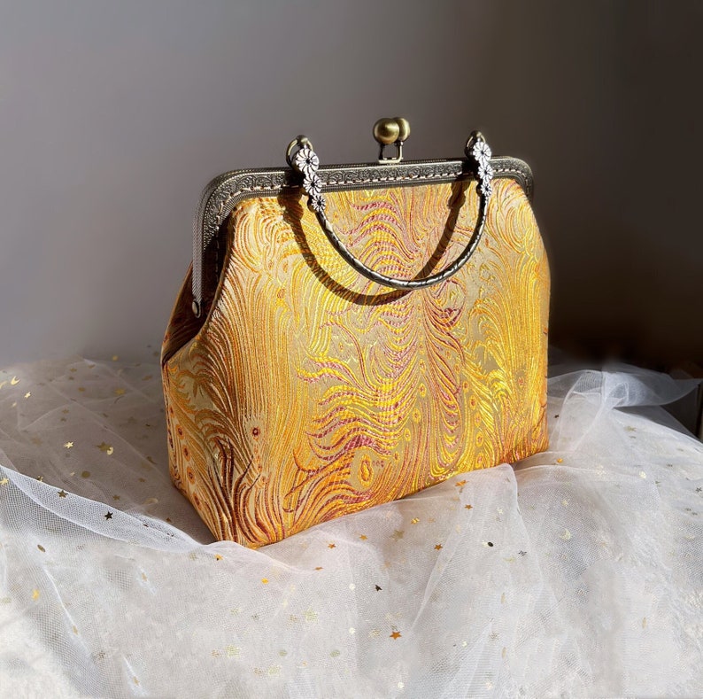 Yellow shoulder bag, gold evening bag, bag with handle, hand-sewn oriental image 1