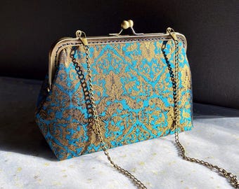 Blue golden Clutch,Blue Evening Clutch,silk evening bag,handmade with embroidered fabric,blue golden woman bag.wedding bag,oriental bag.