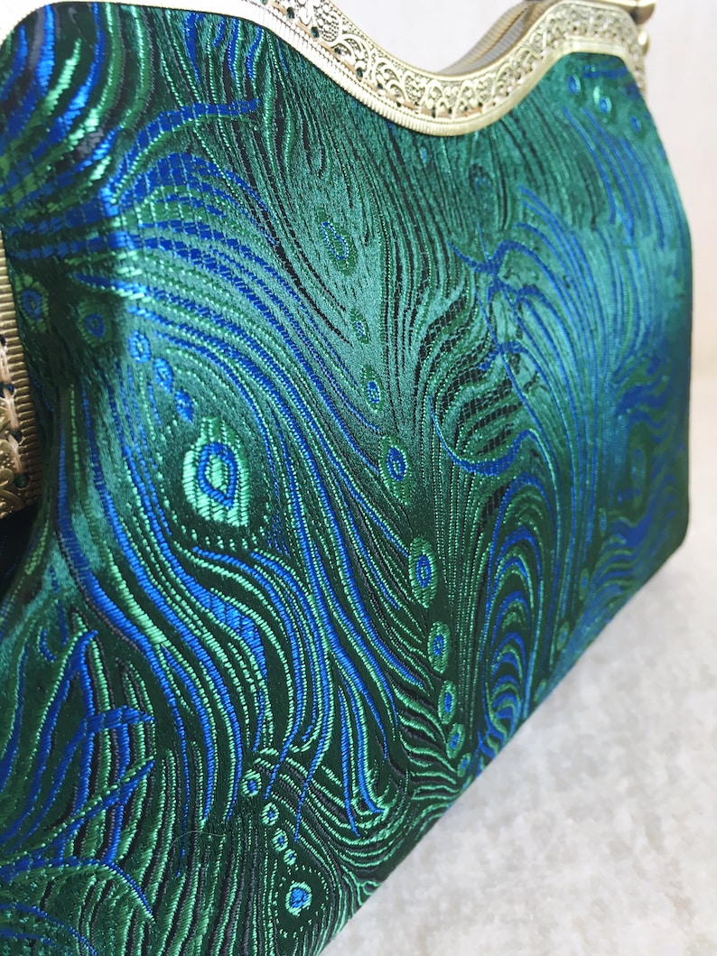 Green shoulder bag Green peacock feathers evening bag handmade in Chinese fabric image 8