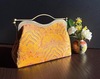 Yellow shoulder bag, yellow evening bag, handmade in Chinese fabric, yellow golden clutch, wedding bag, silk bag, orange bag, silk evening bag