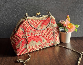 Silk bag,wedding bag,red golden woman bag,cross body bad,Japanese bag,flower bag,clic clac bag,red evening bag,small silk bag,elegant bag