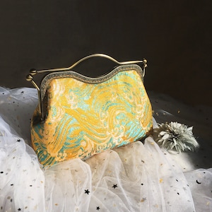 shoulder bag Medium size Yellow blue evening bag handmade with classic Japanese wave pattern