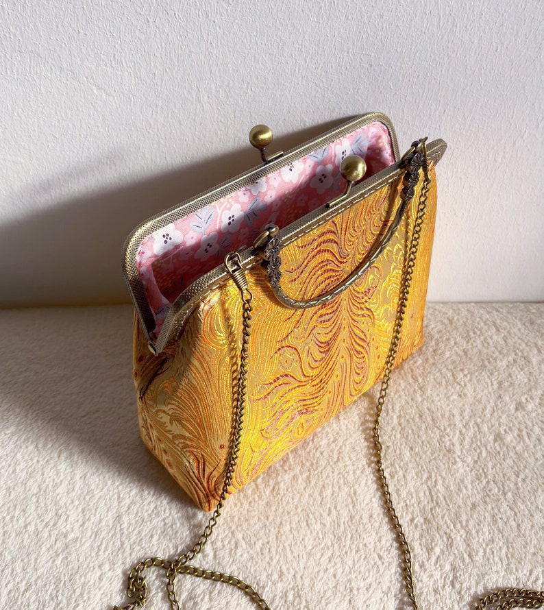 Yellow shoulder bag, gold evening bag, bag with handle, hand-sewn oriental image 6